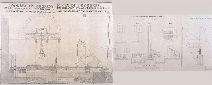 Illustrated scroll with pasted diagrams of plans for reverberatory smelting furnace and other items